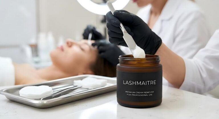 A high-resolution photograph of a frosted glass jar labeled with "LASHMAITRE" and "PRIVATE LABEL OEM" containing a thick, white cream remover. A clinician's gloved hand holds a spatula scooping cream, showing the product being applied near a client's closed eyes with eyelash extensions in a sterile, clinical salon environment with tools and a ring light in the background.