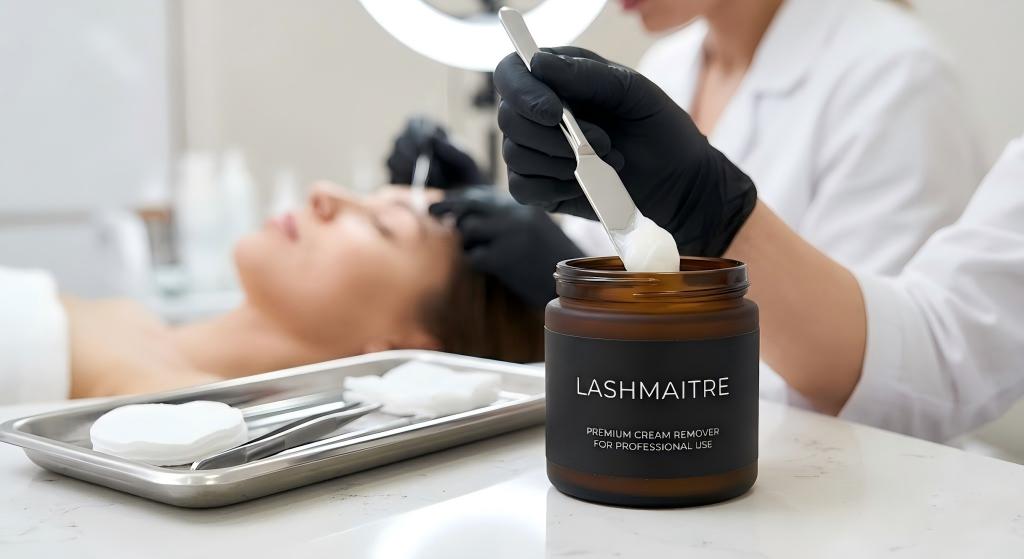 A high-resolution photograph of a frosted glass jar labeled with "LASHMAITRE" and "PRIVATE LABEL OEM" containing a thick, white cream remover. A clinician's gloved hand holds a spatula scooping cream, showing the product being applied near a client's closed eyes with eyelash extensions in a sterile, clinical salon environment with tools and a ring light in the background.