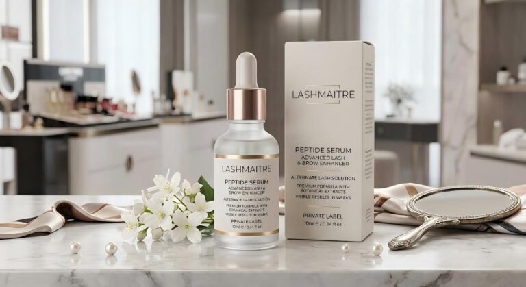 A high-end LASHMAITRE OEM private label peptide serum bottle and box on a marble counter, labeled as an "Advanced Lash & Brow Enhancer" and an "Alternate Lash Solution." A mirror, pearls, and jasmine flowers complete the luxury setting.