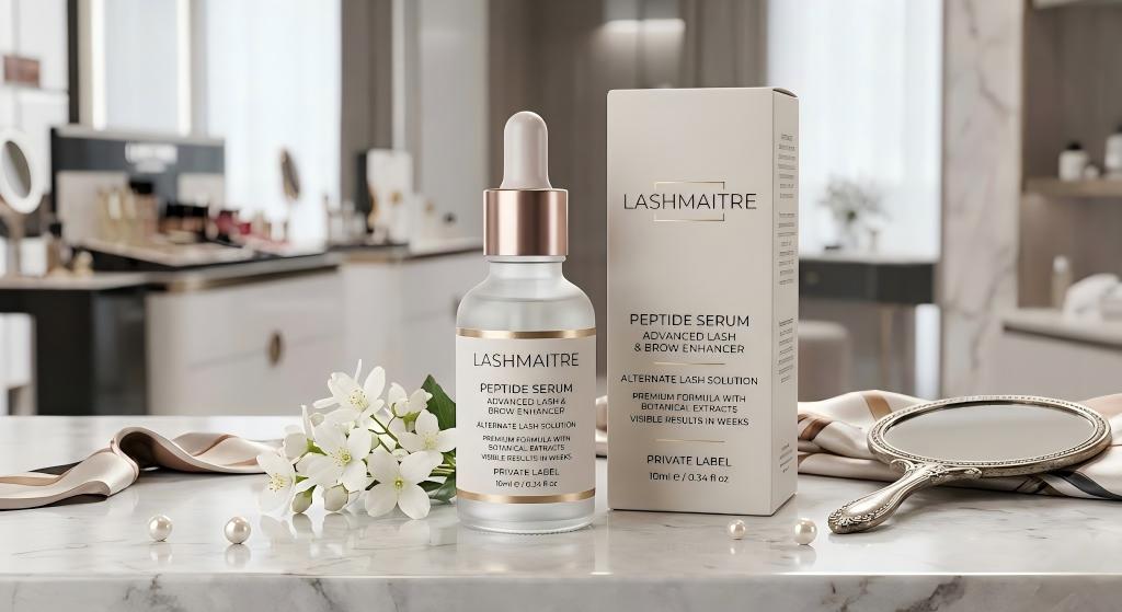 A high-end LASHMAITRE OEM private label peptide serum bottle and box on a marble counter, labeled as an "Advanced Lash & Brow Enhancer" and an "Alternate Lash Solution." A mirror, pearls, and jasmine flowers complete the luxury setting.