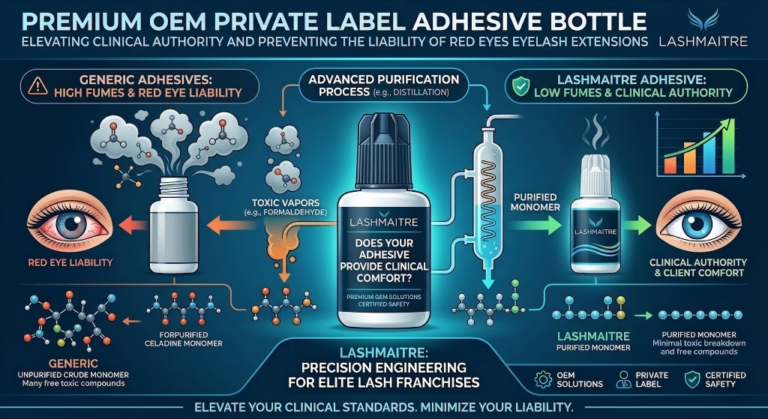 Premium OEM private label adhesive bottle elevating clinical authority and preventing the liability of red eyes eyelash extensions Comprehensive Alt Text (Recommended for maximum context): A technical B2B infographic comparing conventional and LASHMAITRE purified eyelash adhesives. It shows how generic unpurified crude monomer releases toxic fumes causing red eye liability, contrasted with LASHMAITRE's advanced distillation process that creates purified monomer with minimal toxic breakdown, leading to low fumes and clinical authority. The LASHMAITRE brand is visible on fuming and purified bottles, and a central diagram flow details the purification process, addressing the key client comfort question: 'DOES YOUR ADHESIVE PROVIDE CLINICAL COMFORT?'.