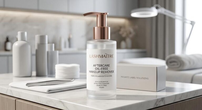 A premium frosted glass bottle of LASHMAITRE Aftercare Oil-Free Makeup Remover for Eyelash Extensions, positioned on a white marble counter in a sophisticated salon environment. The bottle features a minimalist rose-gold pump and medical-grade label text detailing clinical benefits. Sanitized tools, including a tweezer on a cloth, and a box labeled 'PRIVATE LABEL SOLUTIONS' are adjacent, illustrating a professional clinical standard of pure material technology.