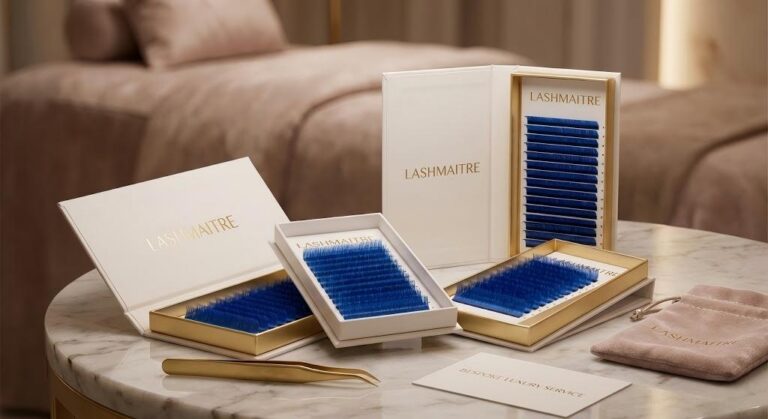 A high-end luxury display of LASHMAITRE private label lash trays featuring vibrant blue eyelash extensions, presented in elegant white and gold packaging on a marble surface with gold tweezers and a bespoke luxury service card.