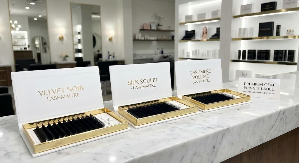 A close-up photograph of three luxurious white and gold private label eyelash extension trays displayed on a white marble salon countertop. Each tray features a unique, proprietary name embossed in gold foil script: 'VELVET NOIR - LASHMAITRE', 'SILK SCULPT - LASHMAITRE', and 'CASHMERE VOLUME - LASHMAITRE'. The trays are open, revealing neatly arranged faux mink lashes. A stylized 'LASHMAITRE' logo is discreetly printed on the corner of each tray. The background is a blurred, upscale salon interior with branded retail shelving. A small elegant card next to the trays reads: 'PREMIUM OEM PRIVATE LABEL. ELEVATE YOUR BRAND EQUITY.' The lighting is soft and luxurious, emphasizing the textures of the marble, gold foil, and lashes.
