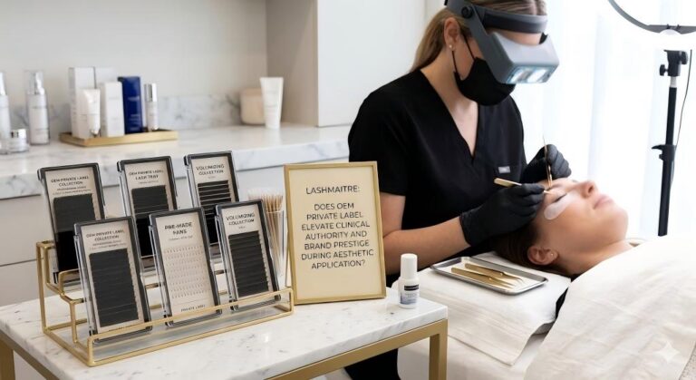 A professional B2B studio workstation view showing LASHMAITRE branded multi-tiered private label lash trays and gold tools on a white surface. A client is receiving extensions from a technician wearing magnification goggles. The central plaque asks, "DOES OEM PRIVATE LABEL ELEVATE CLINICAL AUTHORITY AND BRAND PRESTIGE DURING AESTHETIC APPLICATION?".