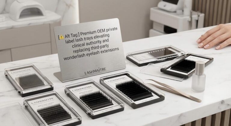A photograph of a polished metal display sign on a marble counter in a sterile, professional clinic environment. The sign features the large text: "[⚠️ Alt Tag:] Premium OEM private label lash trays elevating clinical authority and replacing third-party wonderlash eyelash extensions," with the LASHMAITRE logo positioned directly below. Surrounding the display sign are various LASHMAITRE lash trays, a bottle of adhesive, and precision golden tweezers. In the background, medical and aesthetic equipment are visible on another counter.