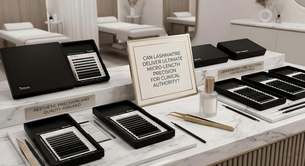 A detailed photograph of Lashmaitre’s premium black private-label lash extension trays on a pristine white marble surface, showcasing micro-lengths of 7mm and 9mm for precision. Adjacent to the products, an elegant framed sign directly asks: 'CAN LASHMAITRE DELIVER ULTIMATE MICRO-LENGTH PRECISION FOR CLINICAL AUTHORITY?' alongside precision tweezers, an adhesive bottle, and small plaques in a blurred high-end lash studio setting.