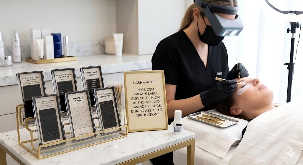 A professional B2B studio workstation view showing LASHMAITRE branded multi-tiered private label lash trays and gold tools on a white surface. A client is receiving extensions from a technician wearing magnification goggles. The central plaque asks, "DOES OEM PRIVATE LABEL ELEVATE CLINICAL AUTHORITY AND BRAND PRESTIGE DURING AESTHETIC APPLICATION?".