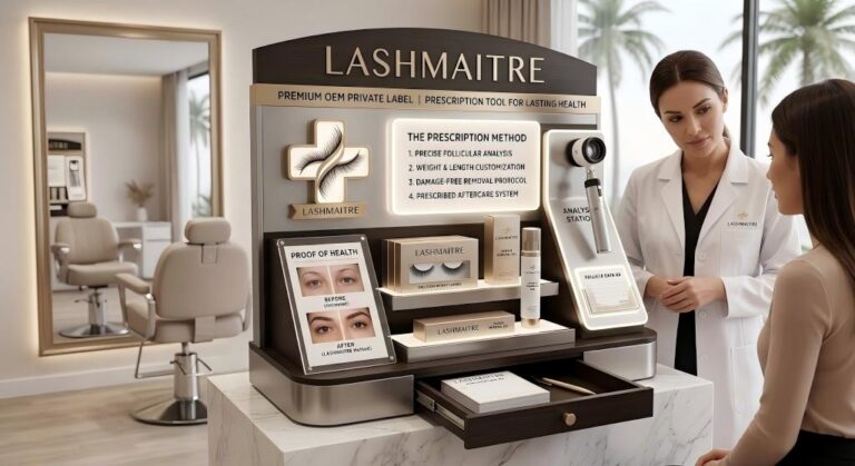A sophisticated LASHMAITRE premium OEM private label retail display used as a professional prescription tool in a high-end salon training area. The dark wood and gold display is titled 'LASHMAITRE' and 'PREMIUM OEM PRIVATE LABEL | PRESCRIPTION TOOL FOR LASTING HEALTH'. It features an integrated medical cross made of intertwined lashes. A central illuminated panel outlines 'THE PRESCRIPTION METHOD' with steps for analysis, customization, and removal. Tiered shelves hold LASHMAITRE branded products in elegant packaging, labeled: 'PRECISION WEIGHT LASHES', 'GENTLE REMOVAL GEL', and 'FOLLICLE DATA RX'. On the left, an 'ANALYSIS STATION' has a magnifying dermatoscope and an illuminated card holder with a 'FOLLICLE DATA RX' card. On the right, 'PROOF OF HEALTH' displays before/after photos marked 'BEFORE (Untreated)' and 'AFTER (LASHMAITRE Method)'. A partially extended drawer shows prescription pads and a gold pen. A professional in a white coat with a LASHMAITRE emblem is consulting with a client, both looking at the 'ANALYSIS STATION'. Large windows with palm trees and treatment chairs are in the blurred background. Soft, professional lighting. The 'LASHMAITRE' text is used as branding only, not as a logo symbol.