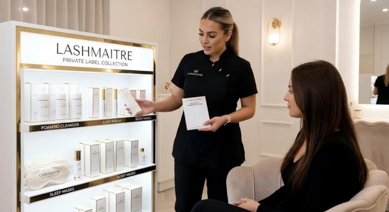 A sophisticated LASHMAITRE private label retail display in a high-end salon. The display features backlit shelving with categories like 'Foaming Cleanser', 'Lash Serum', and 'Sleep Masks'. A professional lash artist in a black uniform is holding a product box while simultaneously showing a 'LASHMAITRE AFTERCARE PRESCRIPTION' notepad to a seated client. The artist is pointing to specific products on the shelf, demonstrating how the retail area is used as a clinical consultation and prescription tool following a lash service.