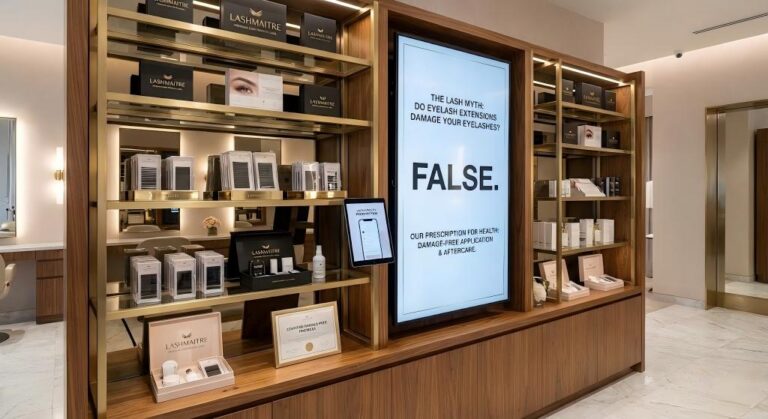 A luxury salon retail display made of gold and wood shelves, fully stocked with LASHMAITRE premium private label lash products. A large illuminated screen prominently displays the text: 'THE LASH MYTH: DO EYELASH EXTENSIONS DAMAGE YOUR EYELASHES? FALSE.' The display includes a framed certificate and various lash trays, positioning the products as a prescription tool for damage-free application and aftercare.