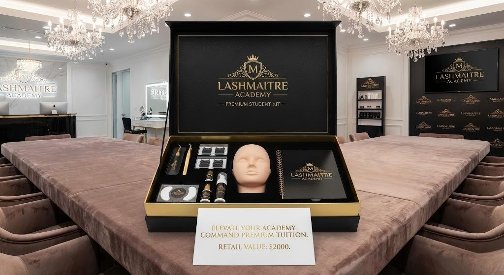 An overhead, wide-angle photograph taken from a director’s perspective, looking down at a luxurious LASHMAITRE OEM private label student training kit. The open, high-gloss black presentation box with gold foil accents is set upon a plush velvet table. The kit is overflowing with gold-plated tools, premium lash trays, adhesives, and a detailed student manual, all customized with LASHMAITRE branding. In the blurred background, a sophisticated salon academy with crystal chandeliers and a branded reception desk creates a luxury training environment.
