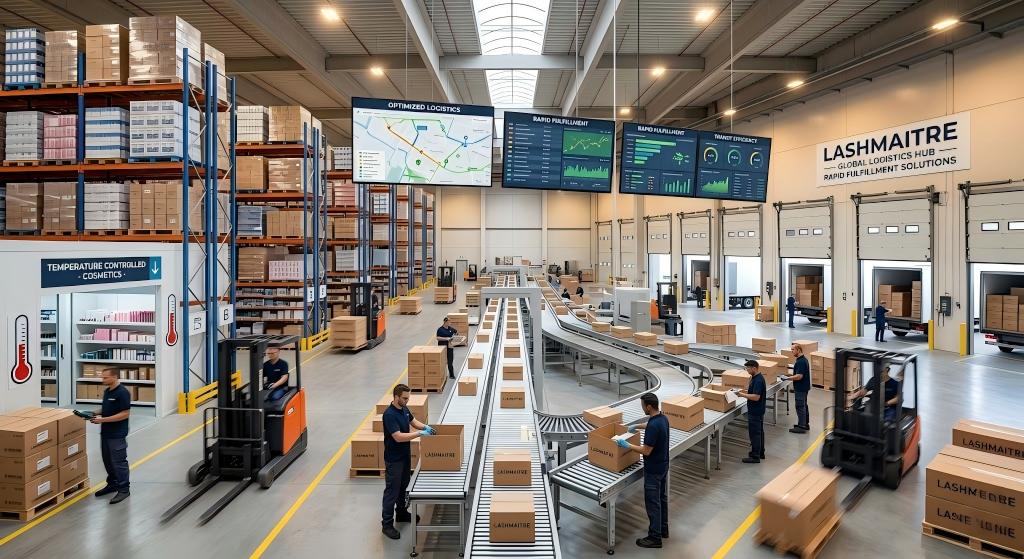 A wide interior photograph of the LASHMAITRE Global Logistics Hub, a pristine wholesale logistics warehouse demonstrating rapid fulfillment capabilities through an active temp-controlled 'Cosmetics' cold chain section (showing thermometers) to bypass massive inventory thermal spoilage, automated sortation conveyor belts, and live transit efficiency data screens, with LASHMAITRE branded trucks positioned at the loading docks.