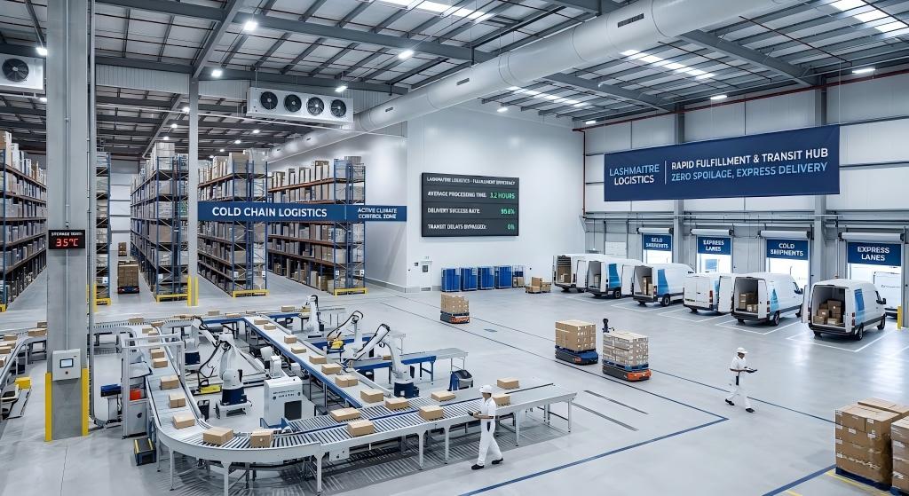 Pristine wholesale logistics warehouse featuring automated conveyor systems, a Cold Chain Logistics zone, and multiple loading bays, demonstrating rapid fulfillment capabilities to bypass massive inventory thermal spoilage and prevent transit delays.