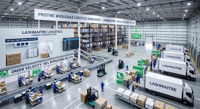 Pristine wholesale logistics warehouse featuring automated conveyor systems, forklift operations, specialized Climate Controlled Zone with a 98% Order Velocity statistic, and a fleet of LASHMAITRE delivery trucks, demonstrating rapid fulfillment capabilities to bypass massive inventory thermal spoilage and transit delays.