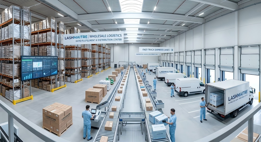 Pristine wholesale logistics warehouse demonstrating rapid fulfillment capabilities to bypass massive inventory thermal spoilage and transit delays for LASHMAITRE.