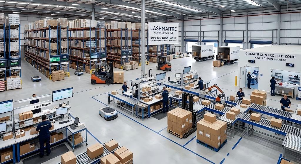 A pristine LASHMAITRE Global Logistics Hub featuring specialized high-bay racking, automated AGV vehicles, a designated 'Climate Controlled Zone: Cold Chain secured' (4°C), dynamic 'Rapid Dispatch' stations, and LASHMAITRE branded trucks, demonstrating optimized logistics to bypass thermal spoilage and transit delays.