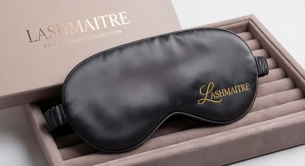 A close-up photograph of a silk, charcoal-colored 3D contoured sleep mask designed for eyelash extensions. It is resting on a plush, mauve-colored velvet jewelry display tray. The side of the mask features an elegant, detailed embroidery of the name 'LASHMAITRE' in metallic gold thread script. Directly above the tray is a closed, high-end taupe-colored presentation box with gold foil lettering that reads 'LASHMAITRE PRIVATE LABEL COLLECTION'. The background is a clean, bright, professionally lit minimalist studio setting, emphasizing the texture and luxury details of the custom branding.