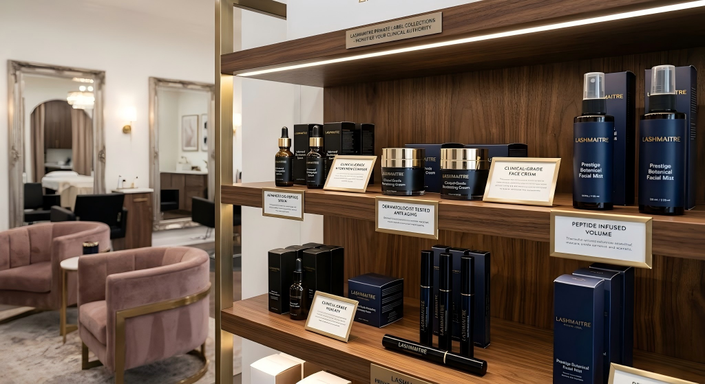 A close-up view of a LASHMAITRE Private Label Collections luxury salon retail display shelf, featuring premium individual lash trays and specialized tweezers in sophisticated packaging with gold accents, perfectly designed for rapid, high-turnover aesthetic services and high-end markets.