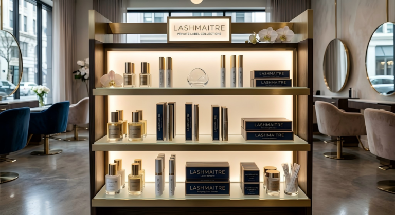 A close-up view of a LASHMAITRE Private Label Collections luxury salon retail display shelf, featuring premium individual lash trays and specialized tweezers in sophisticated packaging with gold accents, perfectly designed for rapid, high-turnover aesthetic services and high-end markets.