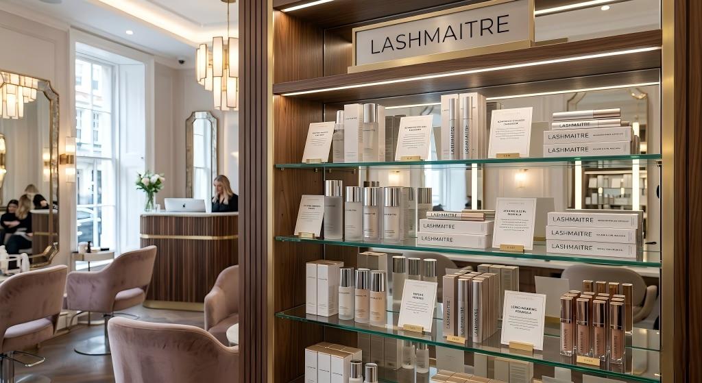 A close-up view of a LASHMAITRE Private Label Collections luxury salon retail display shelf, featuring premium individual lash trays and specialized tweezers in sophisticated packaging with gold accents, perfectly designed for rapid, high-turnover aesthetic services and high-end markets.