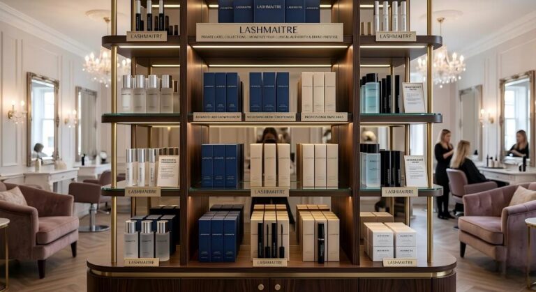 A close-up view of a LASHMAITRE Private Label Collections luxury salon retail display shelf, featuring premium individualized beauty products with specialized formulas, designed to monetize brand prestige and clinical authority.
