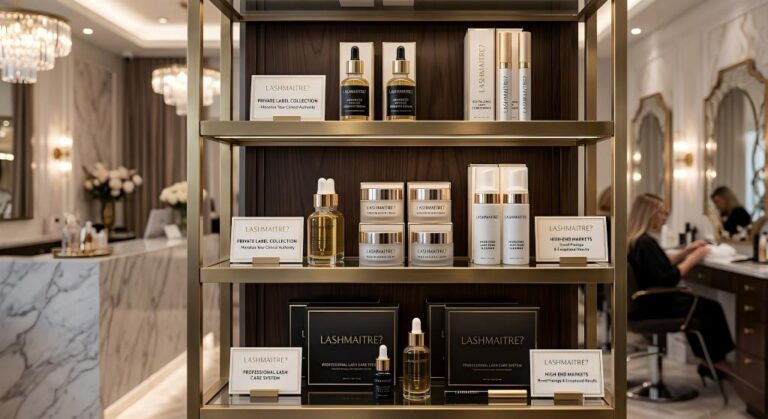 A refined LASHMAITRE? Private Label Collection display within a luxury salon, featuring clinical-grade lash serums, specialized creams, and premium aftercare systems in sophisticated packaging, explicitly designed to monetize brand prestige in high-end markets.