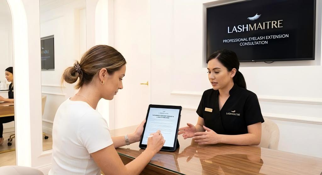 A candid photo inside an upscale LASHMAITRE salon consultation area. A female client is seated at a desk, using a stylus to digitally sign an informed consent waiver on a tablet. A professional lash artist in a branded LASHMAITRE uniform sits opposite her, guiding the process. A large screen in the background reads 'LASHMAITRE PROFESSIONAL EYELASH EXTENSION CONSULTATION'. The image illustrates standardized intake procedures designed to mitigate corporate liability.