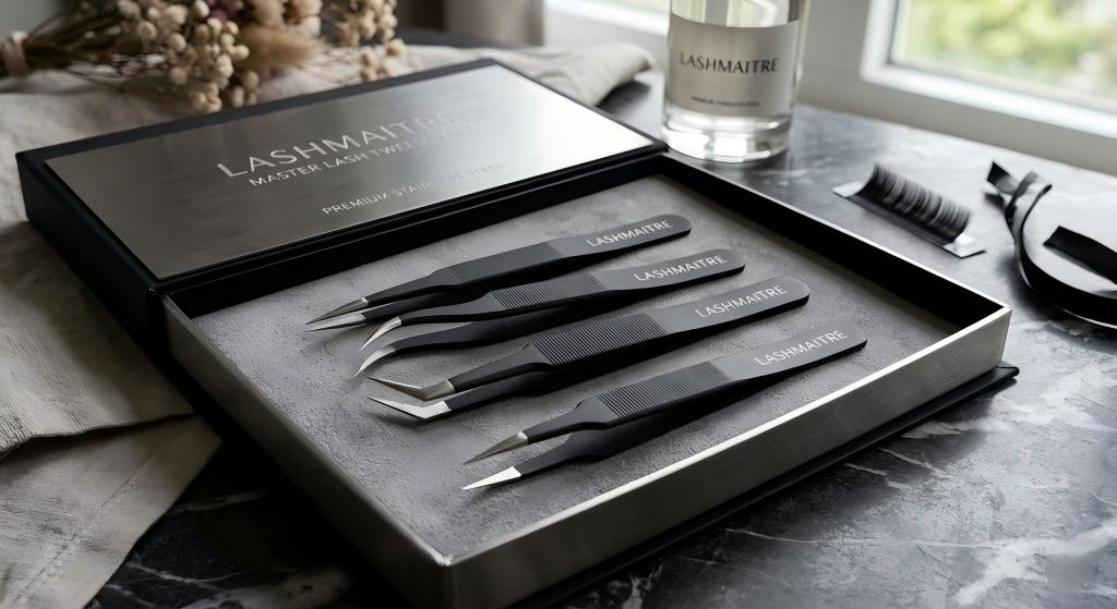 Minimalist private label tweezers for classic eyelash extensions designed for premium B2B academy kits