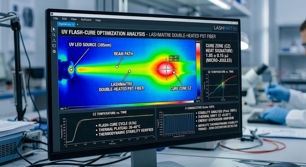 A highly technical thermal imaging screen in an R&D laboratory mapping the exact micro-joule heat signature of a UV LED beam hitting a LASHMAITRE double-heated PBT fiber, proving absolute thermodynamic stability during the flash-cure process.