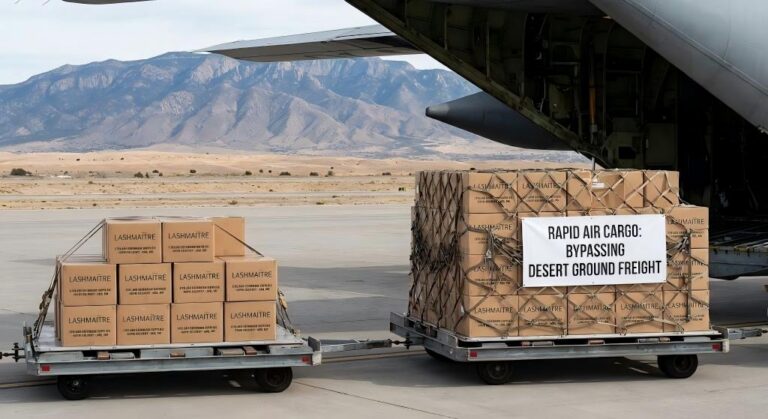 A candid photograph on the tarmac of an Albuquerque airport, where ground crew are unloading air cargo pallets. The pallets hold boxes clearly labeled "LASHMAITRE" and "EYELASH EXTENSION SUPPLIES - RAPID DELIVERY - ABQ, NM". A banner on the cargo net reads "RAPID AIR CARGO: BYPASSING DESERT GROUND FREIGHT", with the Sandia Mountains and desert landscape visible under a bright sky.