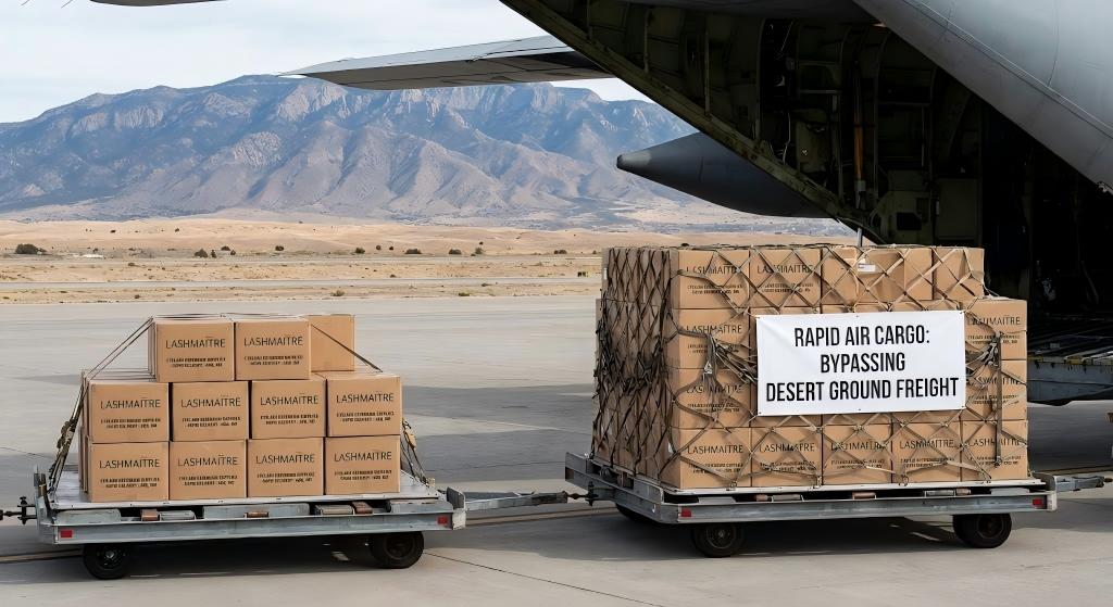 A candid photograph on the tarmac of an Albuquerque airport, where ground crew are unloading air cargo pallets. The pallets hold boxes clearly labeled "LASHMAITRE" and "EYELASH EXTENSION SUPPLIES - RAPID DELIVERY - ABQ, NM". A banner on the cargo net reads "RAPID AIR CARGO: BYPASSING DESERT GROUND FREIGHT", with the Sandia Mountains and desert landscape visible under a bright sky.