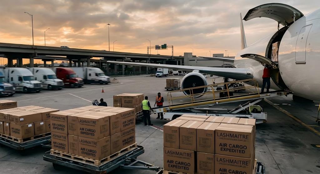 An evening shot at an airport tarmac showing LASHMAITRE branded cargo boxes being loaded onto a large freighter airplane for rapid distribution, bypassing ground freight.