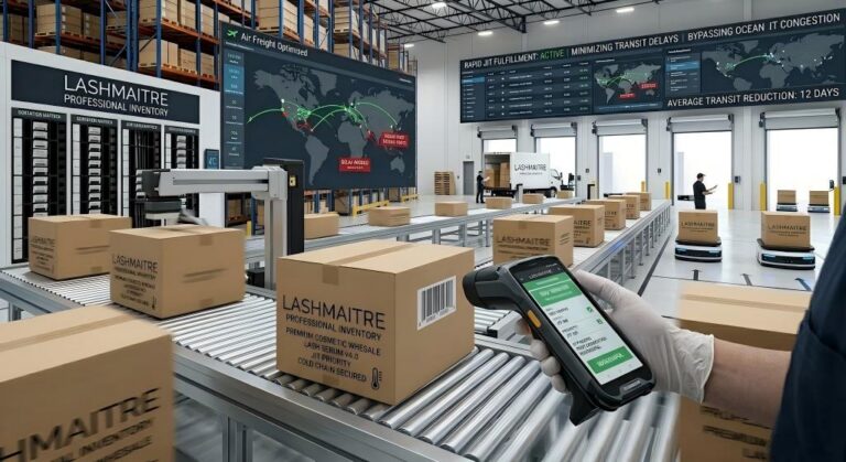 A prioritized LASHMAITRE logistics operation using a smart barcode scanner to process premium B2B wholesale cosmetic inventory (specifically 'Lash Serum v4.0' and 'Expert Vetted Formulations') on a high-velocity, rapid JIT (Just-In-Time) fulfillment conveyor belt, while interactive data screens display automated route optimization to minimize transit delays and bypass traditional massive inventory thermal spoilage.