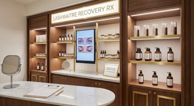 A high-end, custom wood and gold retail display with 'LASHMAITRE RECOVERY RX' branding. The display is stocked with premium amber bottles of recovery serums, features a digital screen showing lash transformation, a consultation mirror, and a signed prescription card, used as a professional tool to treat damaged eyelashes after extensions.