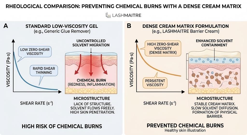 A scientific infographic comparing the rheological properties and skin penetration of a low-viscosity gel versus a high-viscosity dense cream matrix during solvent application. The diagram shows how a dense cream matrix prevents chemical burns by forming a physical barrier and trapping solvents. adhesive remover for eyelash extensions