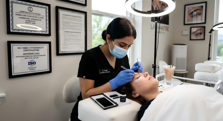 Virginia DPOR compliance and ISO cytotoxicity certification displayed for safe eyelash extensions in roanoke va