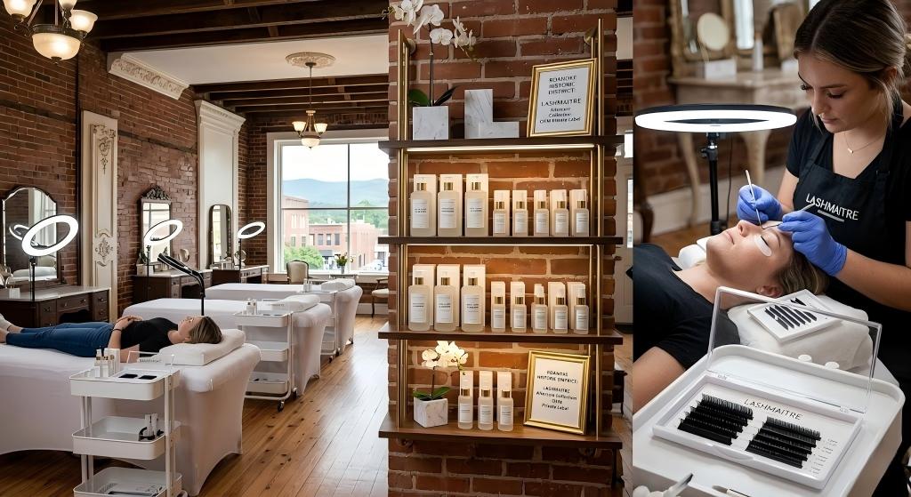 Historic salon interior displaying OEM private label retail cleansers for eyelash extensions in roanoke va