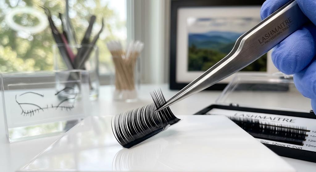 Macro photography of surgical tweezers testing double heated PBT curl bounce back for eyelash extensions in roanoke va