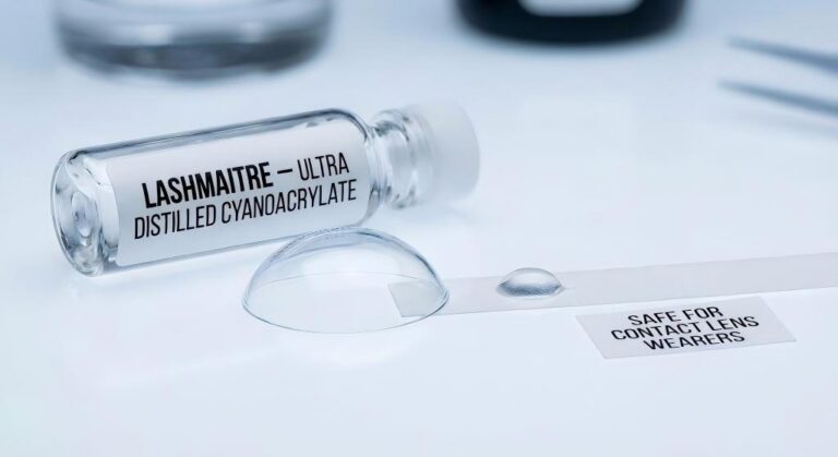 A high-resolution macro photograph taken on a clean laboratory surface. In the foreground, a clear, domed silicone hydrogel contact lens is resting. Next to it is a small glass vial clearly labeled "LASHMAITRE - ULTRA DISTILLED CYANOACRYLATE" and a cured test strip, alongside a card that reads 'SAFE FOR CONTACT LENS WEARERS'.