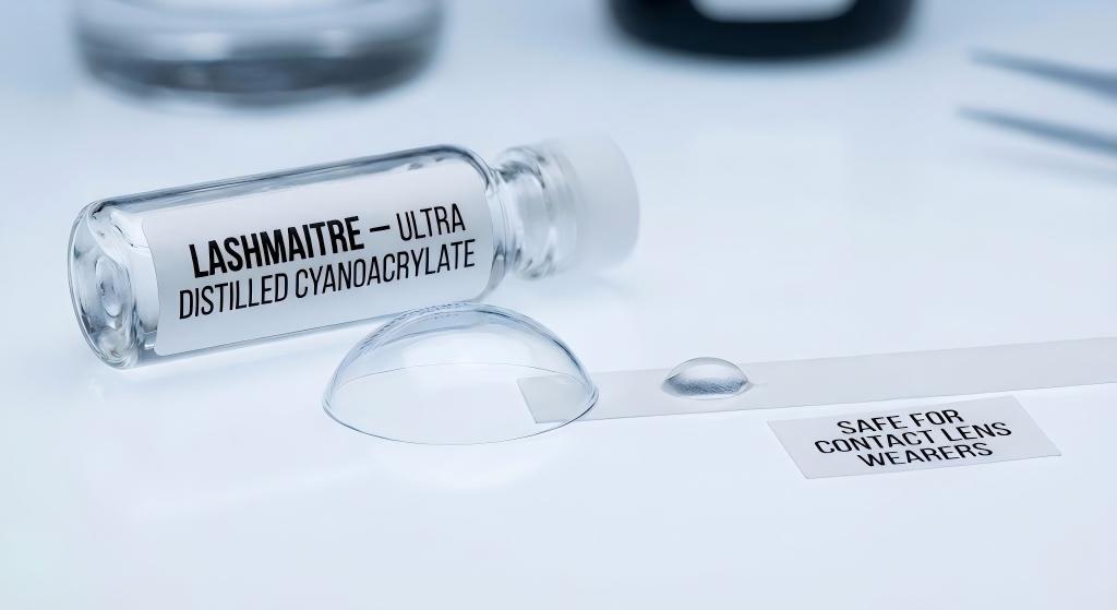 A high-resolution macro photograph taken on a clean laboratory surface. In the foreground, a clear, domed silicone hydrogel contact lens is resting. Next to it is a small glass vial clearly labeled "LASHMAITRE - ULTRA DISTILLED CYANOACRYLATE" and a cured test strip, alongside a card that reads 'SAFE FOR CONTACT LENS WEARERS'.