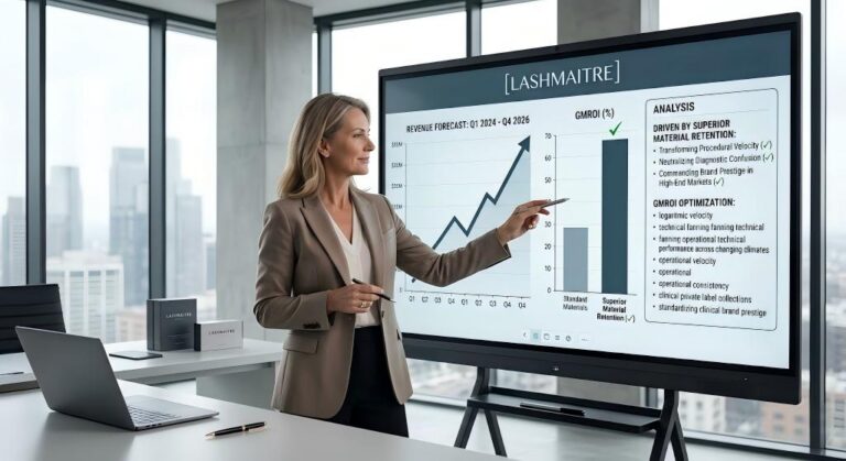 Business growth chart for LASHMAITRE salon owners showing ascending revenue and high GMROI driven by superior material retention and procedural velocity.