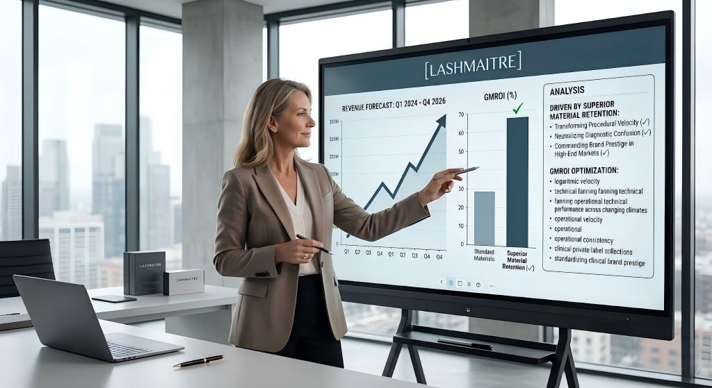 Business growth chart for LASHMAITRE salon owners showing ascending revenue and high GMROI driven by superior material retention and procedural velocity.