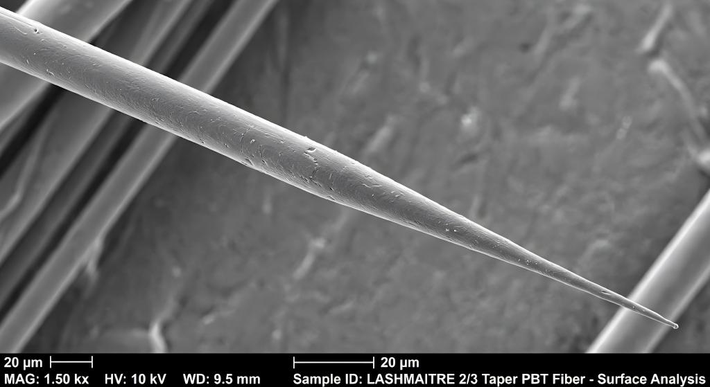 Microscopic extrusion analysis of a 2/3 taper ratio PBT fiber used for secret eyelash extensions in a B2B OEM factory
