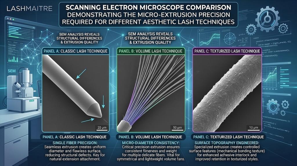 A comparative scientific Scanning Electron Microscope (SEM) figure by LASHMAITRE, with a top title: 'SCANNING ELECTRON MICROSCOPE COMPARISON DEMONSTRATING THE MICRO-EXTRUSION PRECISION REQUIRED FOR DIFFERENT AESTHETIC LASH TECHNIQUES'. The left panel shows false-color SEM of 'CLASSIC LASH TECHNIQUE', contrasting natural lash structure against 'FLAWLESS SINGLE-FIBER BOND'. A 20 µm scale inset shows smooth, high-precision fiber surface. The right panel is 'VOLUME/TEXTURIZED LASH TECHNIQUE', illustrating intricate false-color SEM of multiple texturized fibers with 'ADVANCED SURFACE TOPOGRAPHY BONDING'. A 10 µm scale inset highlights highly precise surface features (e.g., grooves or texture) designed to optimize multi-fiber adhesive interlock. The figure provides definitive scientific proof of micro-extrusion precision on both fiber surface and bonding behavior, distinguishing between techniques.