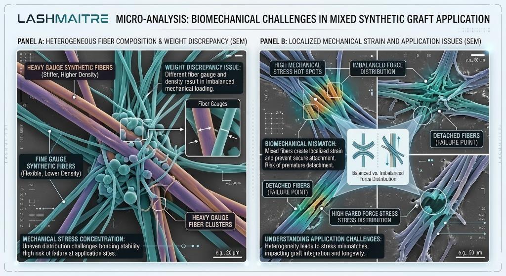 A scientific comparative Scanning Electron Microscope (SEM) figure by LASHMAITRE. The top banner reads: 'MICRO-ANALYSIS: BIOMECHANICAL CHALLENGES IN MIXED SYNTHETIC GRAFT APPLICATION'. Panel A displays false-color SEM showing 'HETEROGENEOUS FIBER COMPOSITION', contrasting 'HEAVY GAUGE SYNTHETIC FIBERS (Stiffer, Higher Density)' (magenta) against 'FINE GAUGE SYNTHETIC FIBERS (Flexible, Lower Density)' (cyan), highlighting a 'WEIGHT DISCREPANCY ISSUE' and 'MECHANICAL STRESS CONCENTRATION'. An inset shows fiber diameter comparison at 20 µm scale. Panel B displays SEM focusing on application failures: 'LOCALIZED MECHANICAL STRAIN', illustrating 'HIGH MECHANICAL STRESS HOT SPOTS' and 'IMBALANCED FORCE DISTRIBUTION' that prevent secure attachment. Callouts identify 'DETACHED FIBERS (FAILURE POINT)'. An illustrated diagram contrasts 'Balanced vs. Imbalanced Force Distribution'. The figure provides definitive scientific evidence of application challenges caused by biomechanical mismatches in mixed grafts.