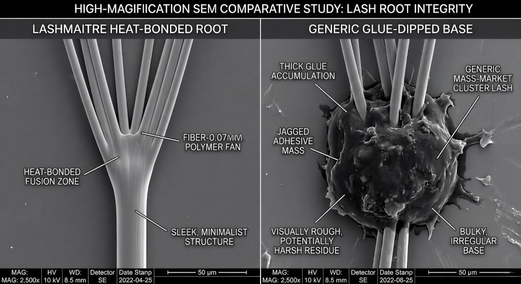A high-resolution scanning electron microscope (SEM) image comparing a sleek LASHMAITRE heat-bonded fusion zone (left) against a messy, jagged generic glue-dipped lash base (right). Annotations highlight structural integrity at 2500x magnification with a 50µm scale bar.