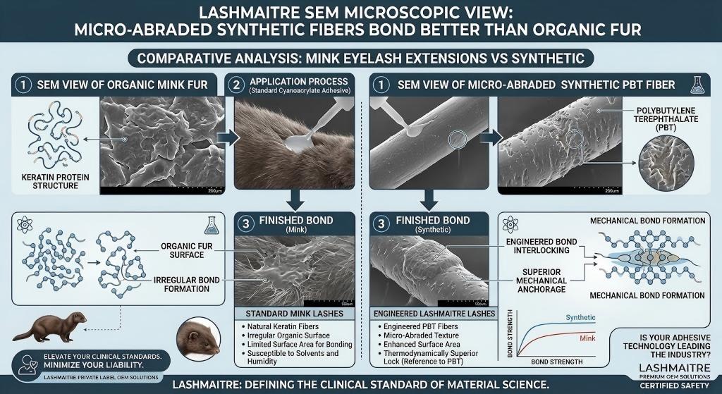 SEM microscopic view demonstrating how micro-abraded synthetic fibers bond better than organic fur in the comparison of mink eyelash extensions vs synthetic.
(Comprehensive SEO Alt Text): A detailed B2B LASHMAITRE infographic contrasting the irregular keratin protein structure of natural mink fur with the engineered polybutylene terephthalate (PBT) of micro-abraded synthetic fibers. Using Scanning Electron Microscope (SEM) imagery, the diagram proves synthetic fibers offer superior mechanical anchorage, enhanced surface area, and higher overall bond strength for professional lash applications.