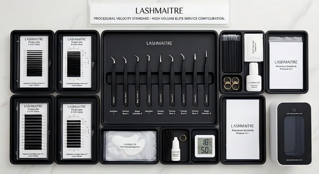 Top-down view of an incredibly organized LASHMAITRE aesthetic workstation, featuring a standardized procedural matrix of premium matte-black trays holding categorized individual lash trays, nine specialized precision tweezers, sterilized micro-brushes, eye patches, dynamic lash maps, medical adhesive, an atmospheric monitor (18°C/50% Humid.), and an active UV-C sterilization unit, highlighting an efficient elite service configuration.