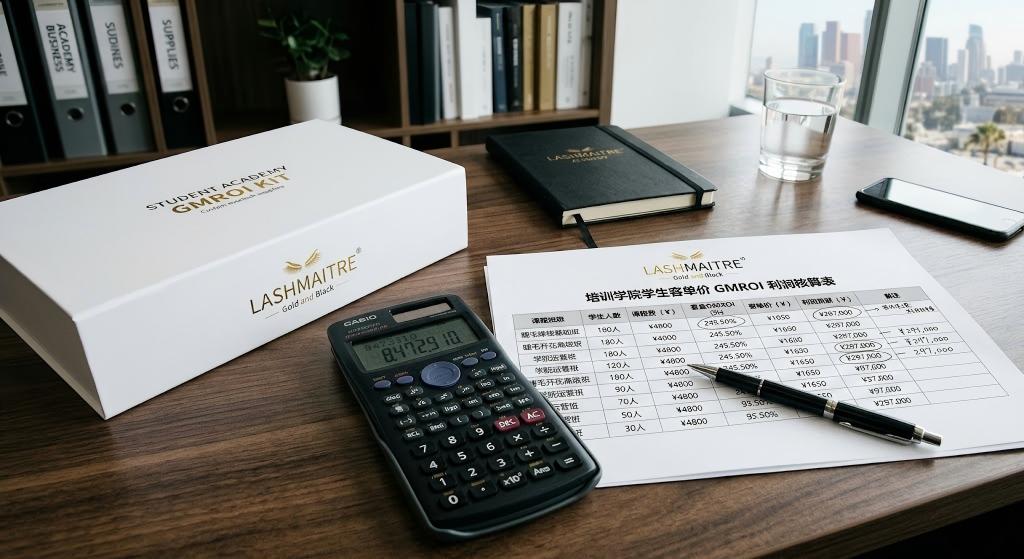 A LASHMAITRE Student Academy GMROI Kit box next to a calculator and a printed training academy profit calculation spreadsheet on a professional business office desk.